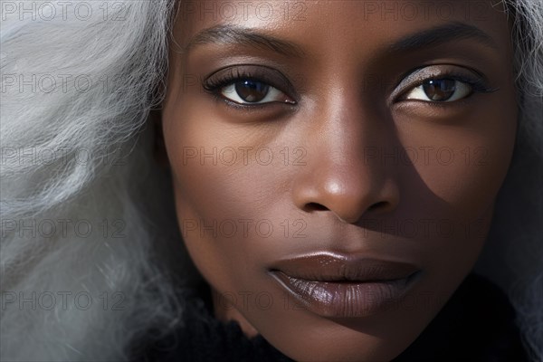 Middle aged african american black woman with long gray white hair. KI generiert, generiert AI generated
