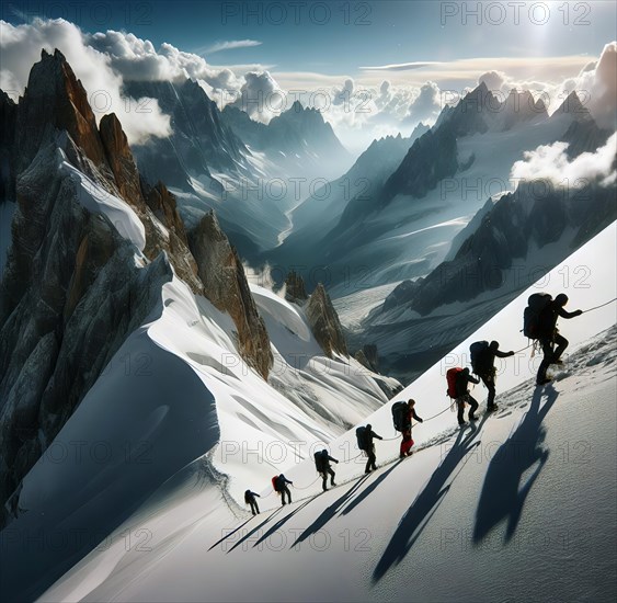 A rope team of mountaineers climbs up a steep snowy slope in the mountains, symbolic image mountaineering, climbing, mountain landscape, extreme sport, mountain hike, KI generated, AI generated