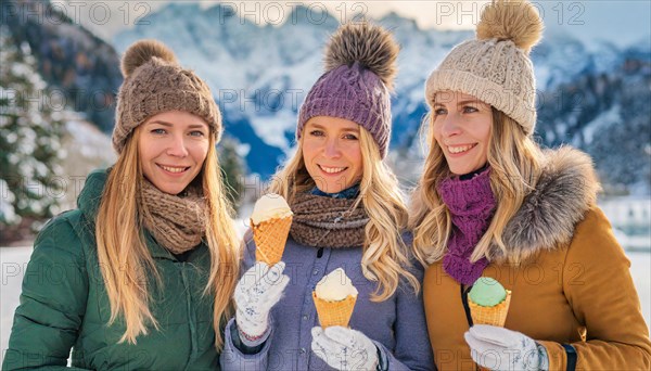 AI generated, human, humans, person, persons, woman, woman, three, 20, 25, years, outdoor, ice, snow, winter, seasons, eats, eating, ice cream, waffle ice cream, waffle, Italian ice cream, cap, bobble hat, gloves, winter jacket, cold, coldness