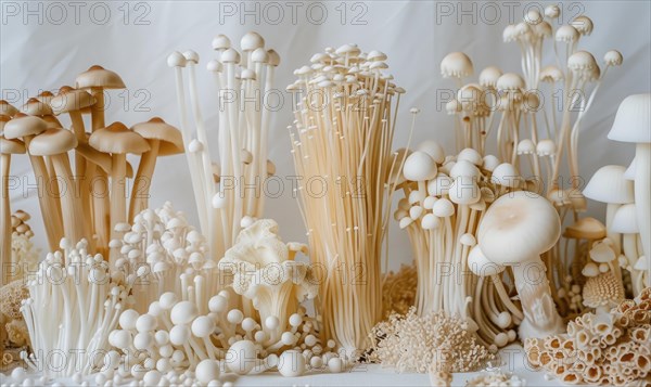 Variety of Shimeji mushrooms, Enoki mushroom, Golden needle mushroom, Enoki mushroom. AI generated