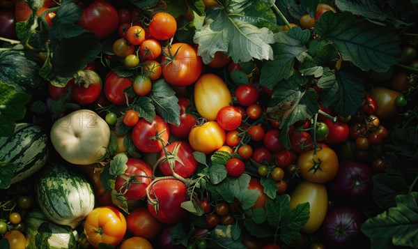 Vegetables and fruits as very nice natural background, soft focus, top view. AI generated