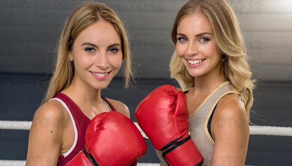 AI generated, woman, woman, 35, years, thai, thai, sport, boxing, gloves, thai boxing, muay thai, two people, portrait, athletic, fight, fighting, popular sport, thai boxer, boxing, boxing ring, blond, blonde, blonde, european