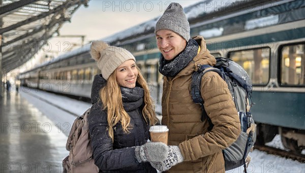 AI generated, woman, woman, man, men, A young couple wants to travel and is waiting for the train at the station, 25, 30, sneakers, shoes, sexy, attractive, attractive, long-haired, handbag, transport, traffic, backpack, bobble hat, coffee to go in hand, coffee, coffee cup, ice, winter, snow, two people sitting on the bench