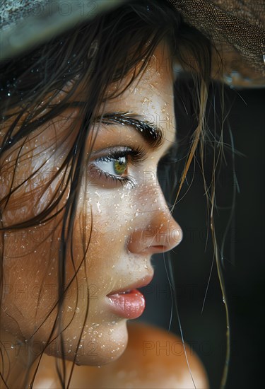 Young woman with braided sun hat, expressive eyes, face covered with rain and tangled hair, AI generated, AI generated