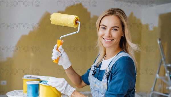 AI generated, woman, woman, a young girl paints a wall with new paint, yellow, yellow, renovation of old flat, paint roller, ladder, paint, 20, 25, years, one, one person, daughter, student, pastime, family, girl, smiling, smiling, fun at work, laughing, laughing, laughing, dungarees, jeans