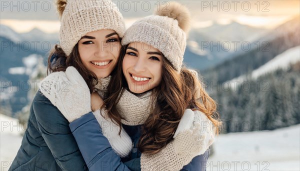 AI generated, human, humans, person, persons, woman, woman, girls, 20, 25, two people hugging, two friends, snow, laughing, smiling, outdoor, ice, winter, seasons, cap, bobble hat, gloves, winter jacket, cold, coldness, love, affection