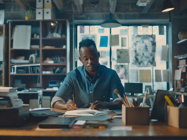 A man concentrates on paperwork at a busy office desk surrounded by technology and warm lighting, african american at office, AI generated
