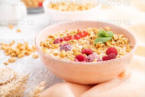 Wheat flakes porridge with milk, raspberry and currant in ceramic bowl on gray concrete background and orange linen textile. Side view, close up, selective focus