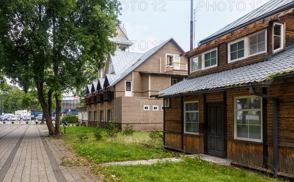 Historical old wooden buildings on the streets of Druskininkai. Lithuania