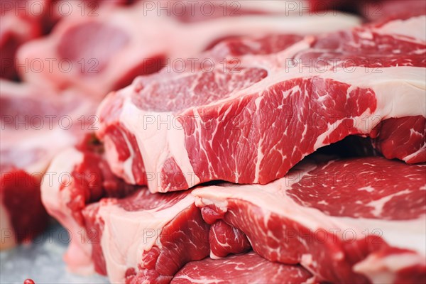 Thick slices of raw streaky red lamb or beef meat. KI generiert, generiert AI generated