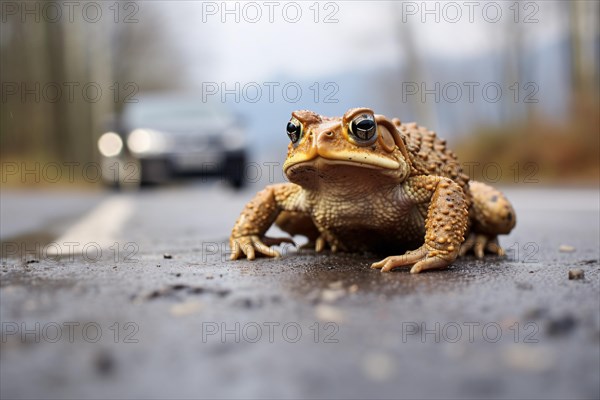 Large toad sitting on road with approaching car in background. KI generiert, generiert AI generated