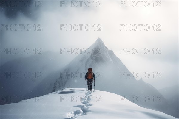 A mountaineer in mountains approaching a majestic snowy mountain peak amidst a snowfall and snow storm. Solitude and determination, adventure and challenge of climbing in extreme conditions, AI generated