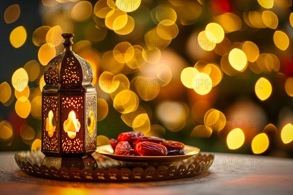 Ramadan lantern with a plate of succulent figs on bokeh background, set on an ornate table with intricate designs, evoking the rich traditions and serene moments of the holy month, AI generated