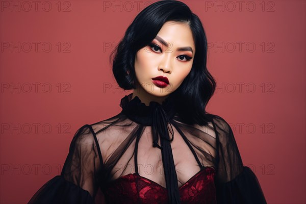 Portrait of beautiful Asian woman with Halloween vampire costume on red background. KI generiert, generiert AI generated