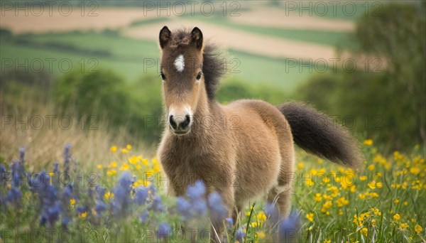 KI generated, animal, animals, mammal, mammals, biotope, habitat, one, individual animal, foraging, wildlife, meadow, pasture, Exmoor pony, horse, horses, ungulates, English pony breed, South West England, Exmoor, (Equus ferus caballus), foal, flower meadow