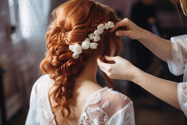 Close up of hairstylist arranging beautiful elegant red haired bridal hairstyle with flowers. KI generiert, generiert AI generated