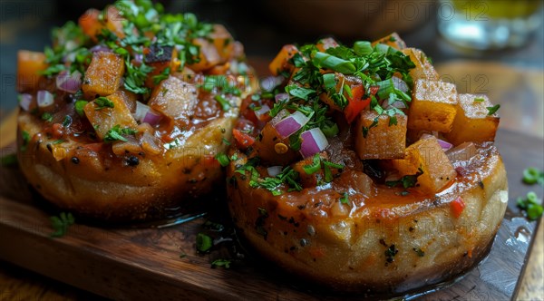 Japanese bunny chow with diced tomatoes, onions, and fresh herbs, ai generated, AI generated