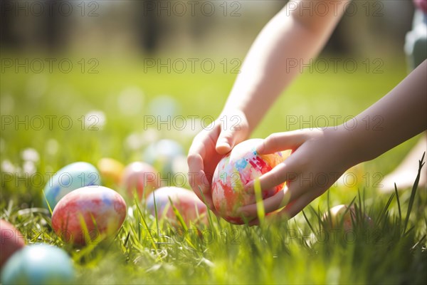 CHild picking up colorful Easter egg from grass during egg hunt. KI generiert, generiert AI generated