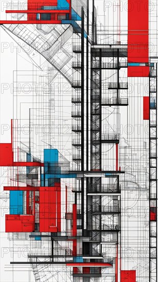 Modern building sketch with red and blue accents on a technical blueprint, vertical aspect ratio, AI generated