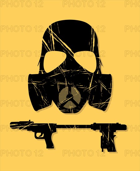 Flamethrower helmet and weapon, vector grunge effect