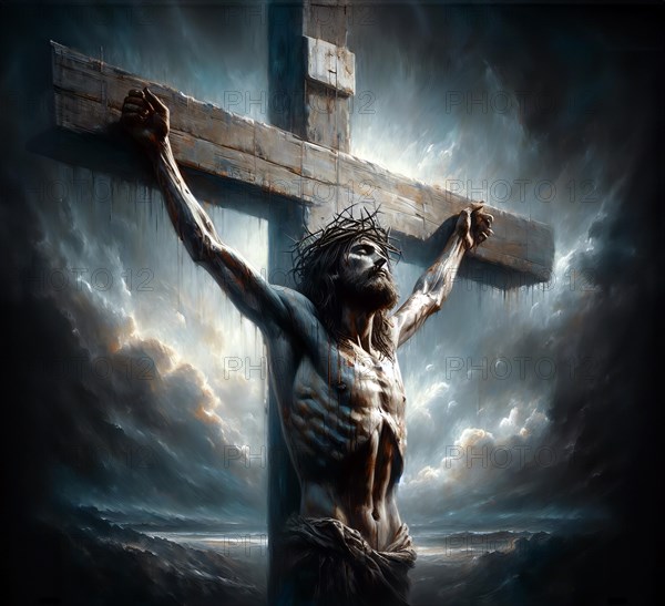 Jesus Christ crucified with the crown of thorns on the cross, symbolic image myth, religion, saviour, Christianity, crucifixion, martyr, Jesus of Nazareth, New Testament, AI generated, AI generated