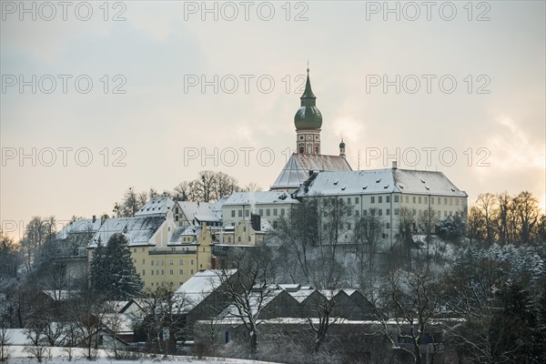 Andechs Monastery in winter, sunset, Fuenfseenland, Pfaffenwinkel, Upper Bavaria, Bavaria, Germany, Europe