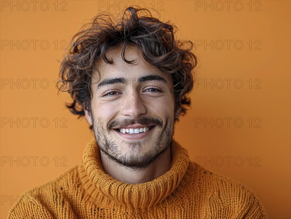 Portrait of a happy student standing in front of a colored background with a trendy sweater smiling, AI generated