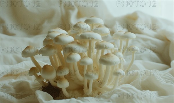 Shimeji mushrooms on white fabric background. Shimeji mushrooms. AI generated