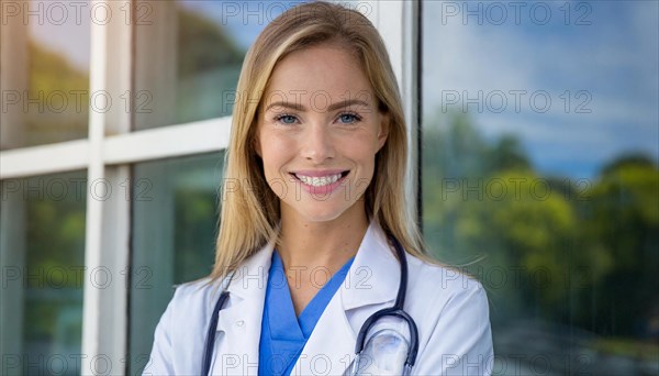 AI generated, A young pharmacist in her pharmacy, portrait, 30, 35, years, female, blonde, blond, blonde, beautiful teeth, smiles, long hair, profession, professions, medicines in the background