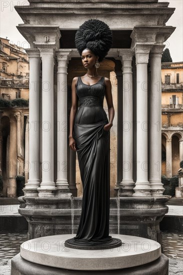 Statuesque woman and with braided dreadlocks afro hairstyle in chic attire standing by Roman columns, AI generated