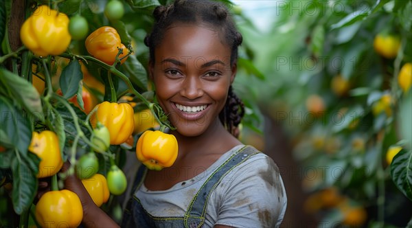 Happy woman posing with yellow bell peppers in a thriving greenhouse, ai generated, AI generated
