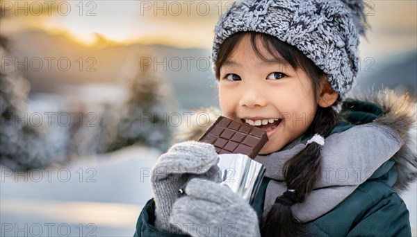 KI generated, Young girl, 10, years, eating a bar of chocolate, one person, outdoor shot, ice, snow, winter, seasons, eating, eating, hat, bobble hat, gloves, winter jacket, cold, coldness