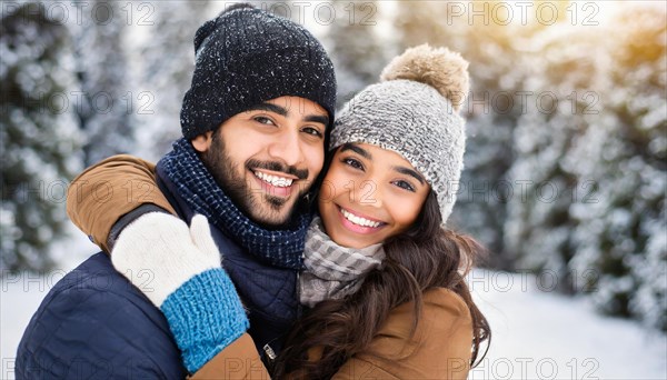 AI generated, human, humans, person, persons, woman, woman, young couple, enjoying the winter, 25, 30, years, two persons, man and woman hugging, embrace, looking forward to each other, enjoying the snow, laughing, smiling, outdoor shot, ice, snow, winter, seasons, cap, bobble hat, gloves, winter jacket, cold, coldness