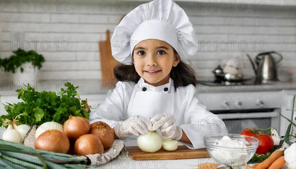 AI generated, human, humans, person, persons, child, children, 8 year old girl cutting onions in a white kitchen, chef hat, smock, cute, cute, beautiful eyes, beautiful teeth, cook, cook, kitchen table, vegetables, onions, garlic