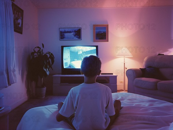 A child is watching TV in a cozy living room with warm and colorful lighting, boys and TV, AI generated