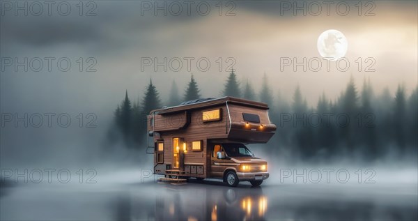 Camper van wooden motorhome, creative high-tech motorhome two-level in nature. Outdoor recreation, isolation, AI generated