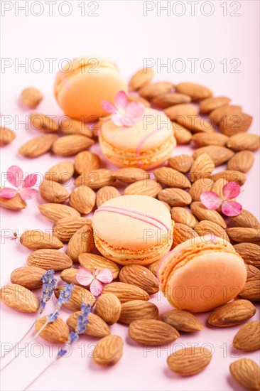 Orange macarons or macaroons cakes with almond nuts on pastel pink background. side view, close up, selective focus