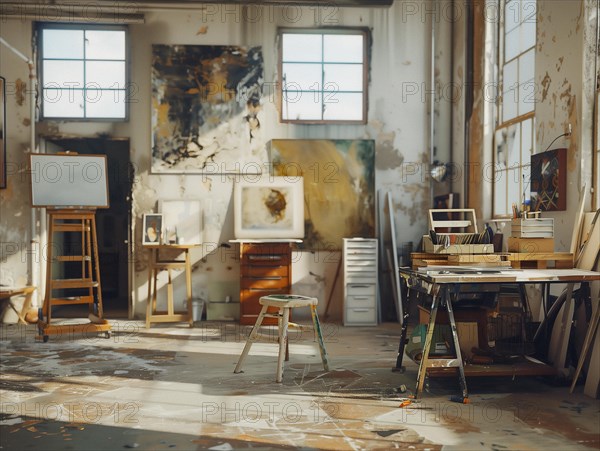 Workshop of a painter with some of her works, AI generated