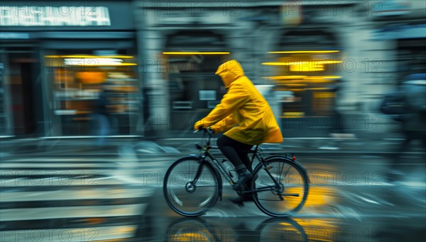 Cyclist in yellow rain gear riding in the rain on a shiny wet road in the city, AI generated, AI generated
