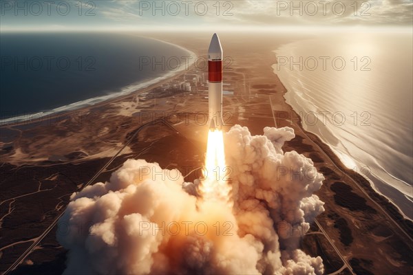 Aerial view of a rocket launch at sunrise sunset over an ocean coast. The rocket is blasting off with a trail of smoke and flames behind it, AI generated