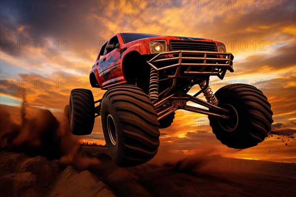 Monster truck driving and jumping outdoors amidst a cloud of dust. Thrill and adrenaline of an outdoor racing event on off-road terrain at dramatic sunset, AI generated