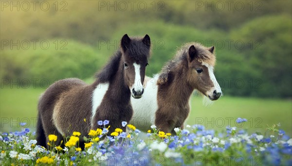 KI generated, animal, animals, mammal, mammals, biotope, habitat, two, flower meadow, foraging, wildlife, meadow, pasture, Exmoor pony, horse, horses, ungulates, English pony breed, South West England, Exmoor, (Equus ferus caballus), foal