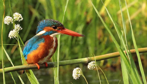 KI generated, animal, animals, bird, birds, biotope, habitat, a, individual, water, perch, reeds, water lilies, blue sky, foraging, wildlife, summer, seasons, white-throated kingfisher (Halcyon smyrnensis)