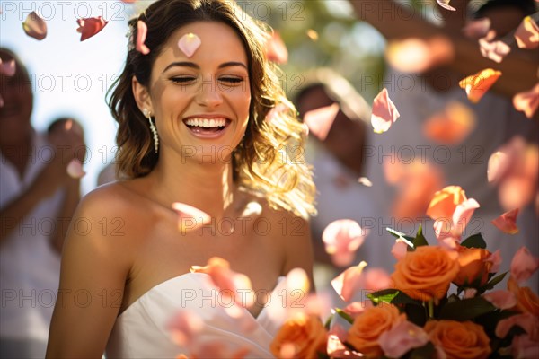 Happy bride with flower petals celebrating on her wedding day. KI generiert, generiert AI generated