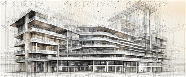 Blueprint featuring a modern building with a complex, curved design, horizontal aspect ratio, off white background, AI generated
