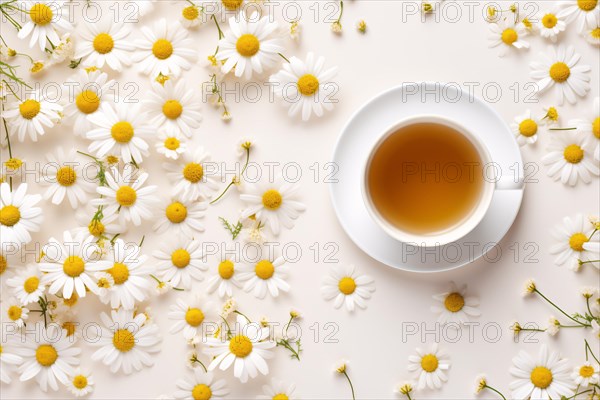 Top view of cup of chamomile tea with flowers. KI generiert, generiert AI generated