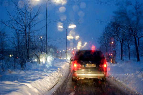 Poor visibility through the windshield in rain and snow, Munich, Bavaria, Germany, Europe