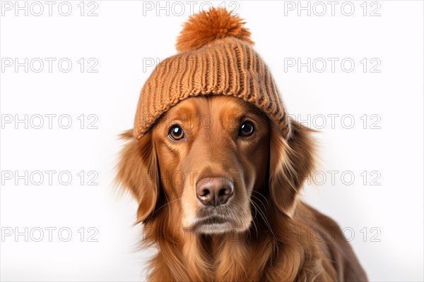 Cute dog with orange knitted hat on white background.KI generiert, generiert AI generated
