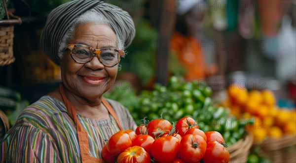 Cheerful woman in African attire with eyeglasses holding a basket of tomatoes at a fruit stand, ai generated, AI generated