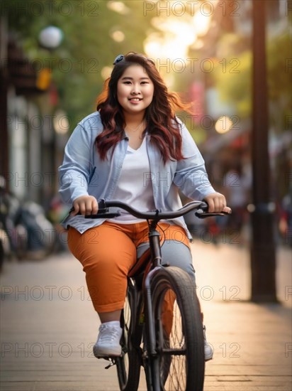 A smiling woman cycles down an urban street, exuding a relaxed vibe in casual attire, San Francisco, Lombard area, AI Generated, AI generated